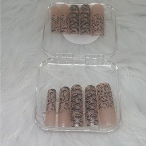 Nude and Black Patterned Press-On Nails